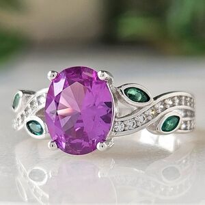 Elegant Purple and Green Gemstone Silver Ring